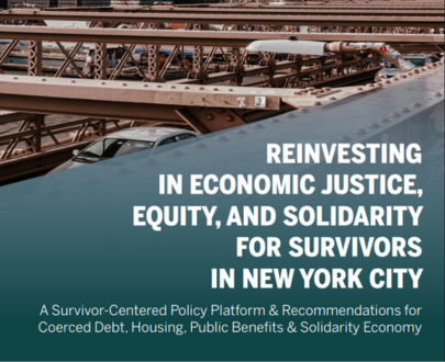 Reinvesting in Economic Justice, Equity, and Solidarity for Survivors in New York City Woman wearing a blush colored shirt with hair in a ponytail smiling as a child is on her back